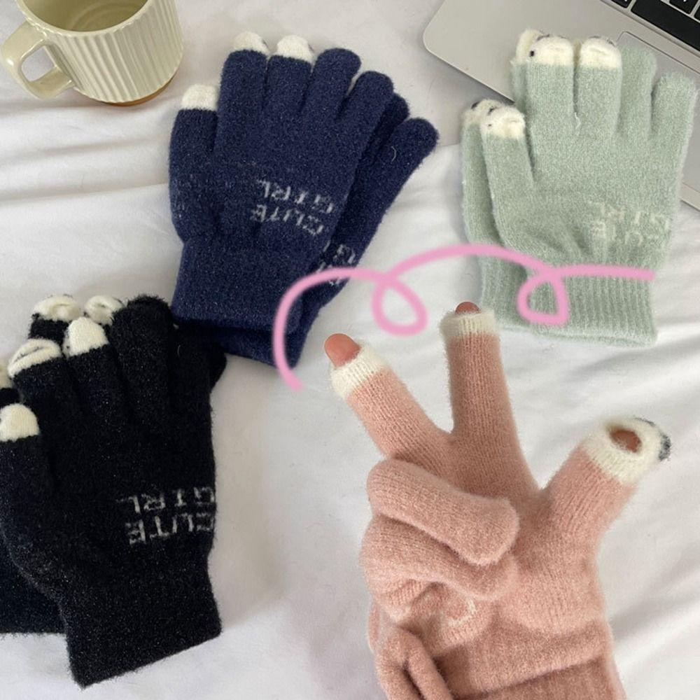 Găng tay SKJK dệt kim vải nhung mềm ấm áp chống gió hình gấu trúc/chữ/chạm được màn hình cảm ứng thời trang mùa đông