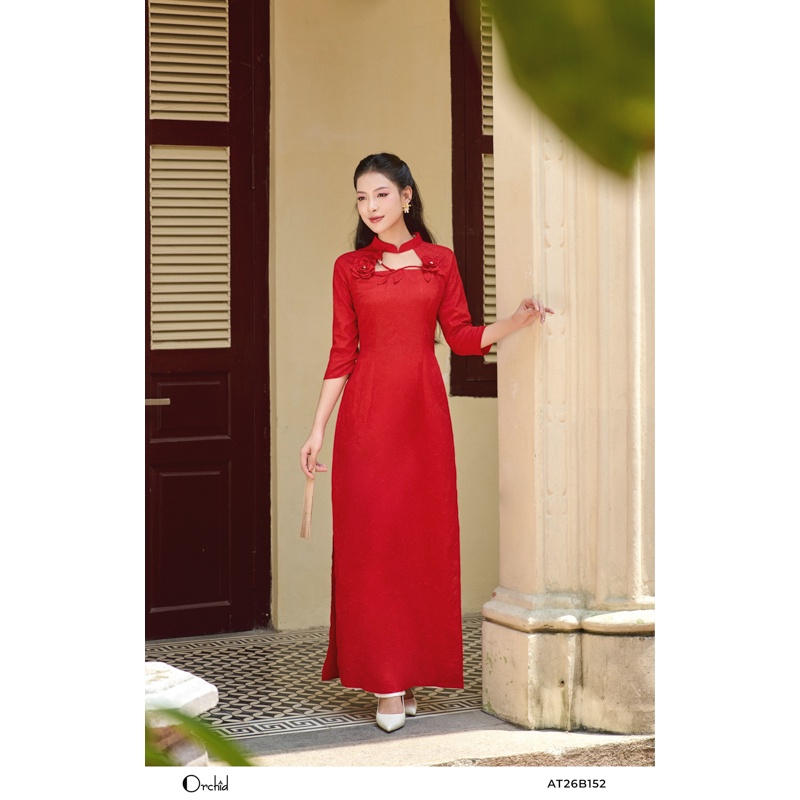 Áo dài xốp đỏ thiết kế hở cổ phối hoa ngực cao cấp Orchid - AT26B152