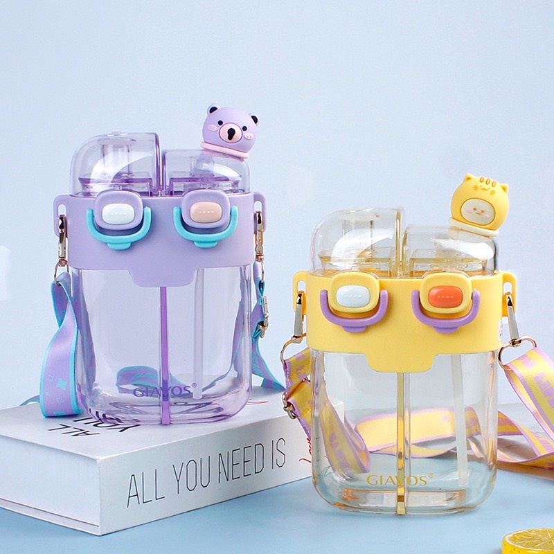 Bình Nước Nhựa 2 Ngăn 780ML Có Ống Hút Hoạt Hình Dễ Thương Cho Trẻ Em - METIC SHOP