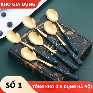 Thìa cán sứ mạ vàng set 6 chiếc cao cấp - Gia Dụng Giá Rẻ