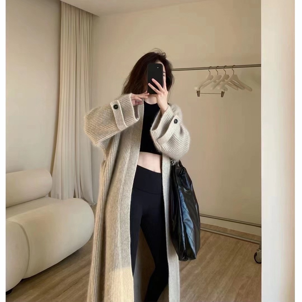 Áo Khoác cardigan Dệt Kim Dáng Rộng Dài Qua Gối Thời Trang