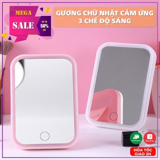 Gương để bàn đèn led, gương trang điểm hình chữ nhật cảm ứng với 3 chế độ sáng