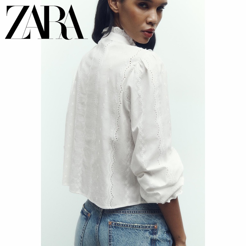 Zara Áo Sơ Mi Trắng Thêu Họa Tiết Thời Trang Mùa Thu Cho Nữ