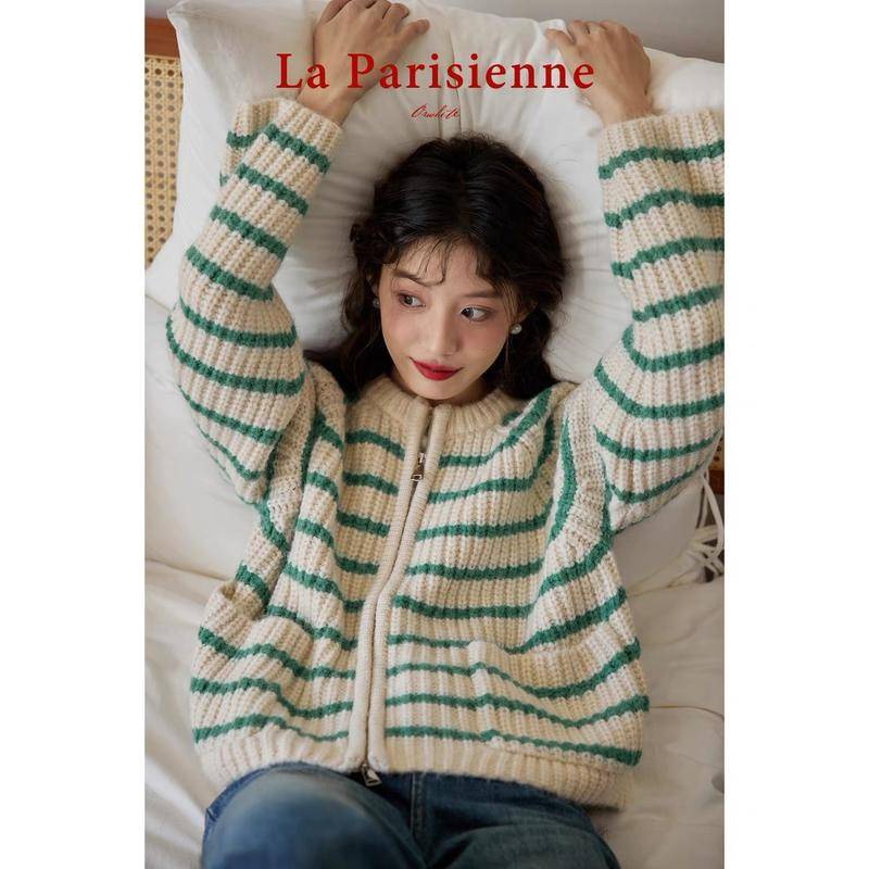 Áo Khoác cardigan Dệt Kim Họa Tiết Kẻ Sọc Màu Sắc Tương Phản Thời Trang Thu Đông Cho Nữ