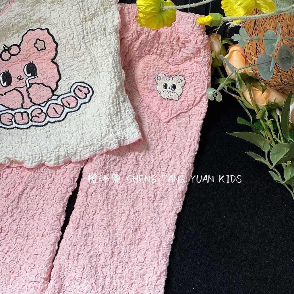 Bộ Áo Thun + Quần Ống Loe Màu Hồng Dễ Thương Thời Trang Mùa Hè Cho Bé Gái