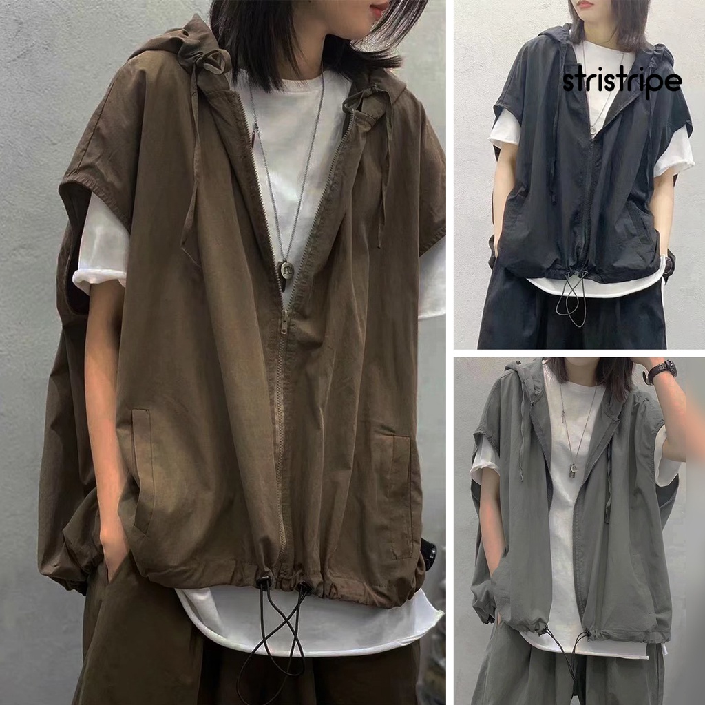 Áo Khoác cardigan Mỏng Không Tay Có Mũ Trùm Đầu Phong Cách hip hop Cỡ Lớn Có Khóa Kéo Dành Cho Cặp Đôi