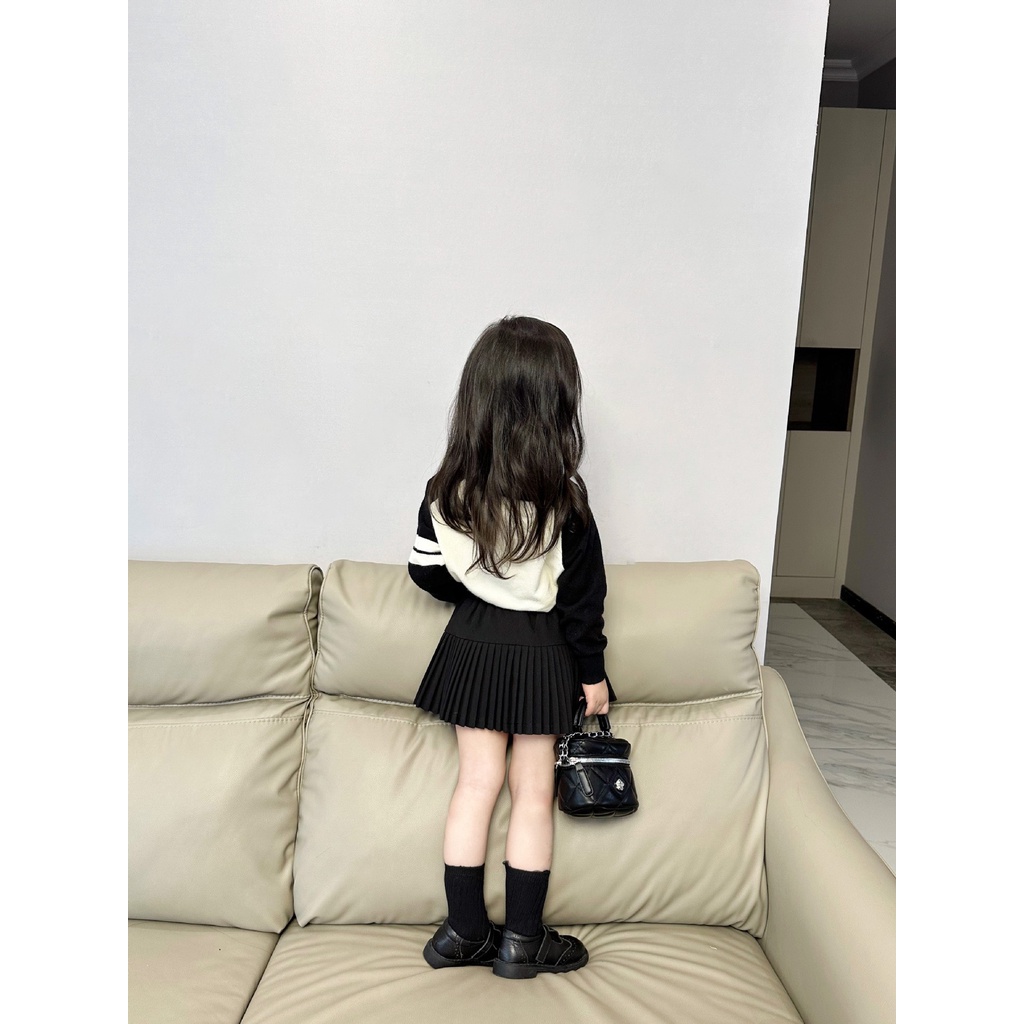 SET ÁO POLO DÀI TAY MIX CHÂN VÁY XẾP LY BASIC CHO BÉ GÁI- HÀNG QCCC