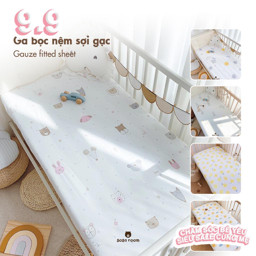 Ga drap bọc nệm cũi/giường cho bé, sợi gạc 6 lớp, hoạ tiết dễ thương
