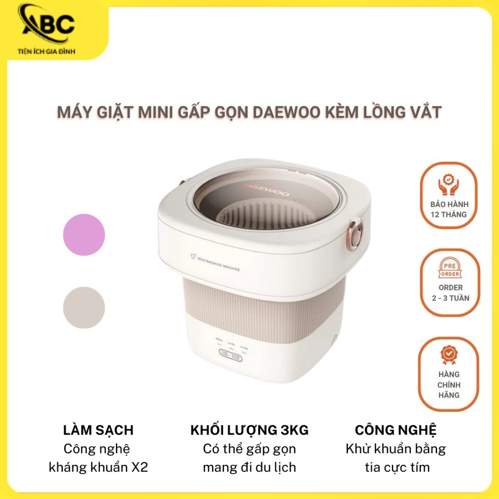 [CHÍNH HÃNG ] Máy Giặt Mini Gấp Gọn Daewoo Kèm Lồng Vắt - Giặt Nước Nóng, Khử Khuẩn UV[ CỬA HÀNG ABC