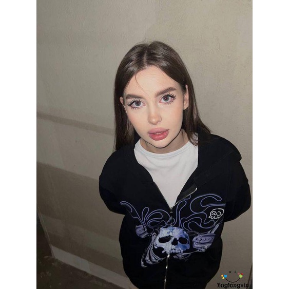 Linglongxi2-áo Hoodie Tay Dài Có Khóa Kéo Họa Tiết Bộ Xương Phong Cách gothic punk Cho Nữ
