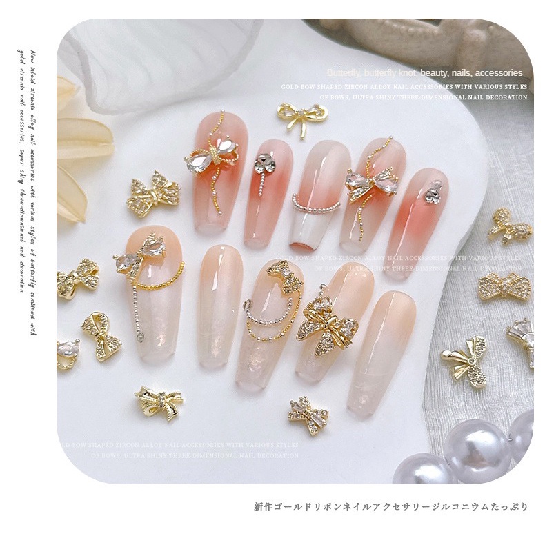 Trang sức nghệ thuật móng tay nơ vàng mạ zircon / Dây buộc kim cương gắn móng tay bằng kim loại không phai màu