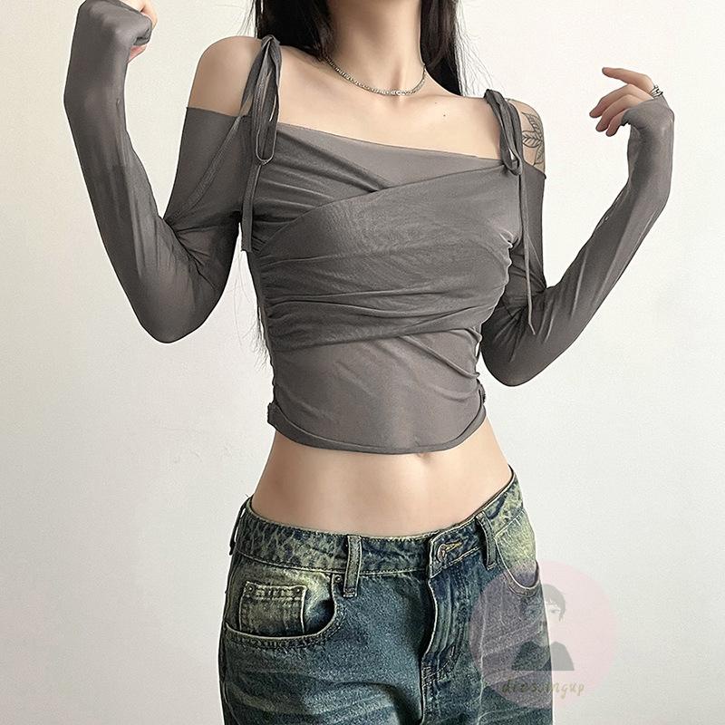 Áo Thun Tay Dài Trễ Vai Màu Sắc Đơn Giản Cho Nữ