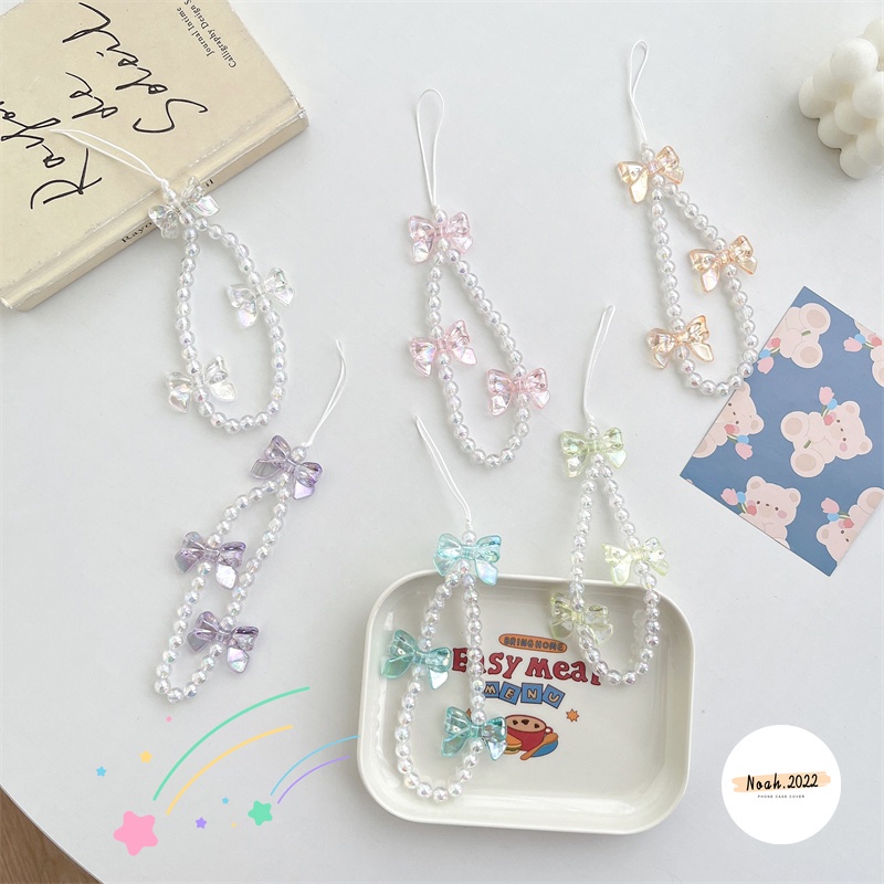 Dây Đeo Điện Thoại Bằng acrylic Đính Hạt Ngọc Trai Màu Đen Hình Trái Tim / Bướm Xinh Xắn