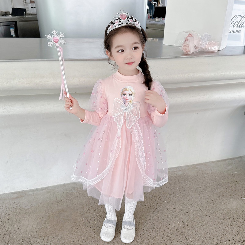 Đồ Bé Gái,Đầm Công Chúa Elsa Tay Dài Phối Lưới Thời Trang Cho Bé Gái 2-8 Tuổi,Váy Bé Gái