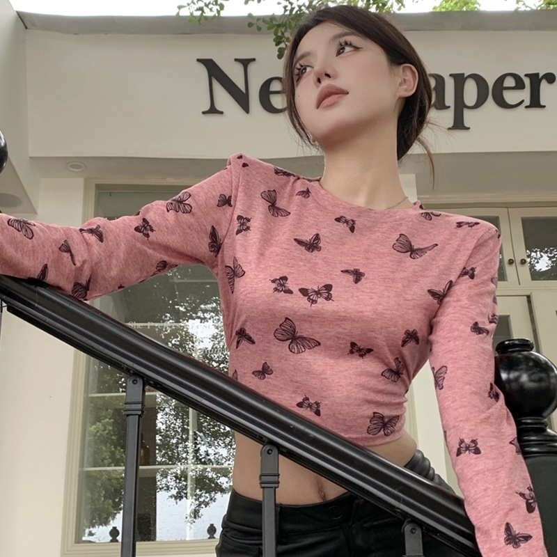 Áo Thun Dài Tay Cổ Tròn In Hình Bướm Xinh Xắn Dành Cho Nữ