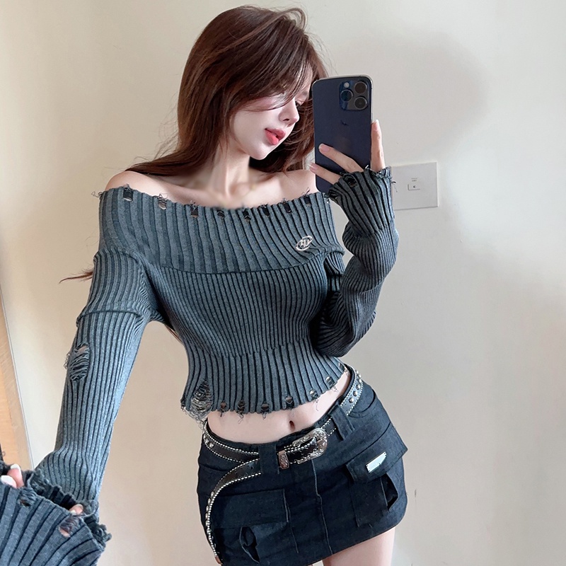 Áo sweater Dệt Kim Tay Dài Thiết Kế Trễ Vai Quyến Rũ