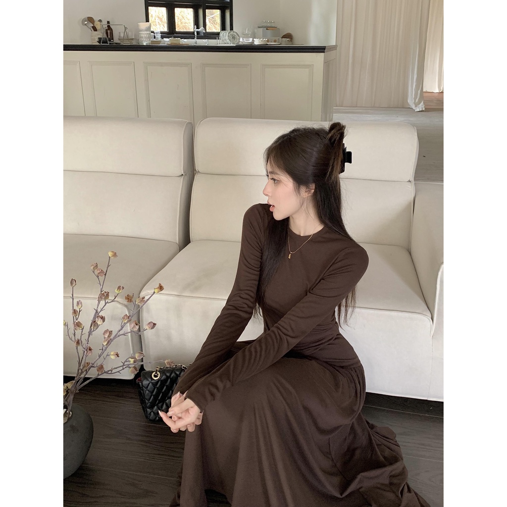 Set Áo Thun Dài Tay + Chân Váy Dài Lưng Cao Thời Trang Nữ 3n