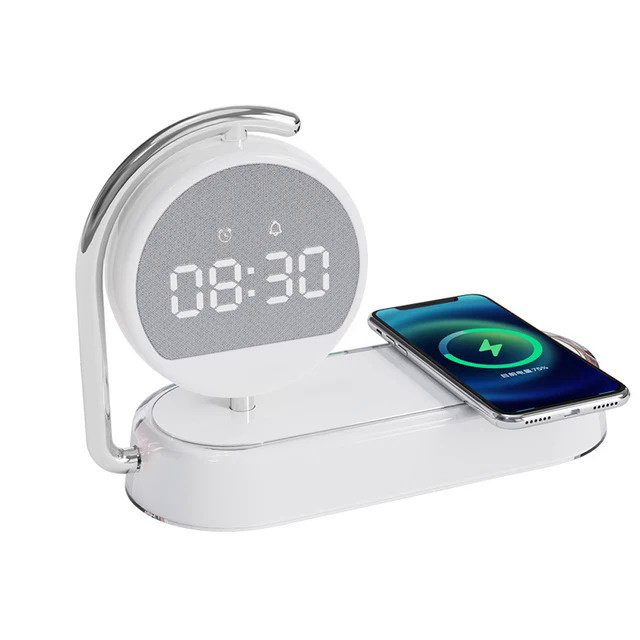 Đế Sạc Nhanh Không Dây Kiêm Đồng Hồ Báo Thức 15w Có Đèn led Xoay 360 Độ Cho iphone 14 13 12 11 pro max samsung