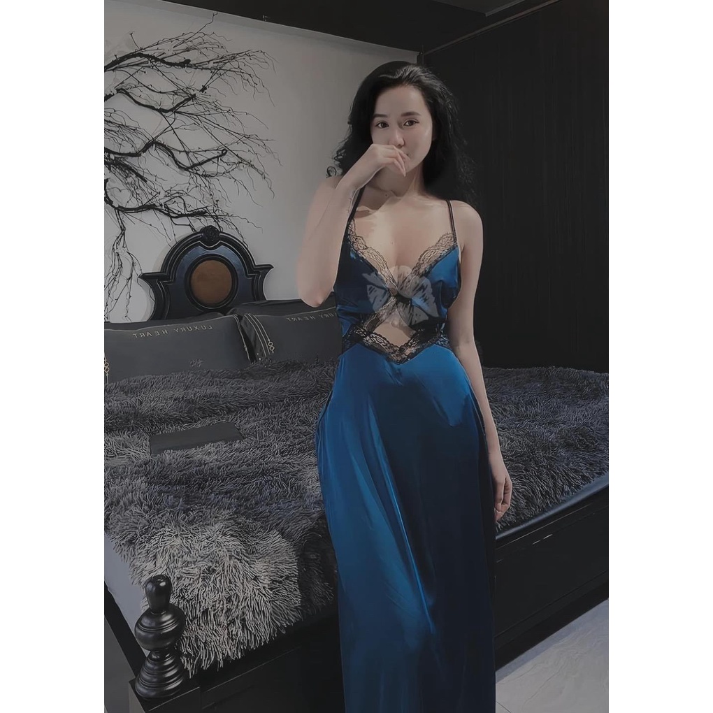 Đầm Ngủ Dáng Dài 2 Dây Phối Ren Cut Bụng Sexy Lụa Latin Cao Cấp Freesize 4O- 58kg - Namishop