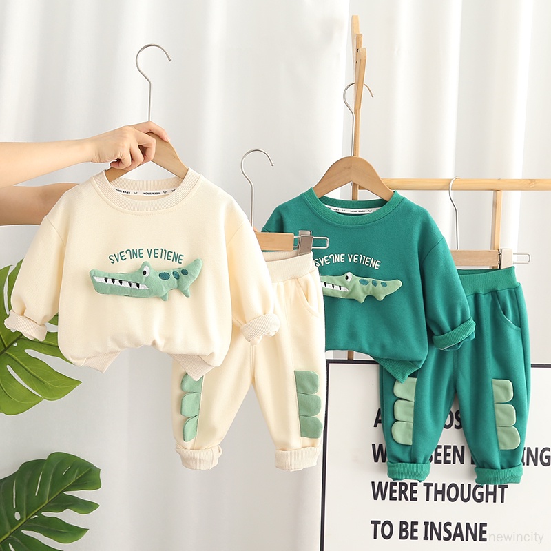 Set Áo Hoodie In Hình Cá Sấu Hoạt Hình + Quần Dài Phong Cách Hàn Quốc Cho Bé