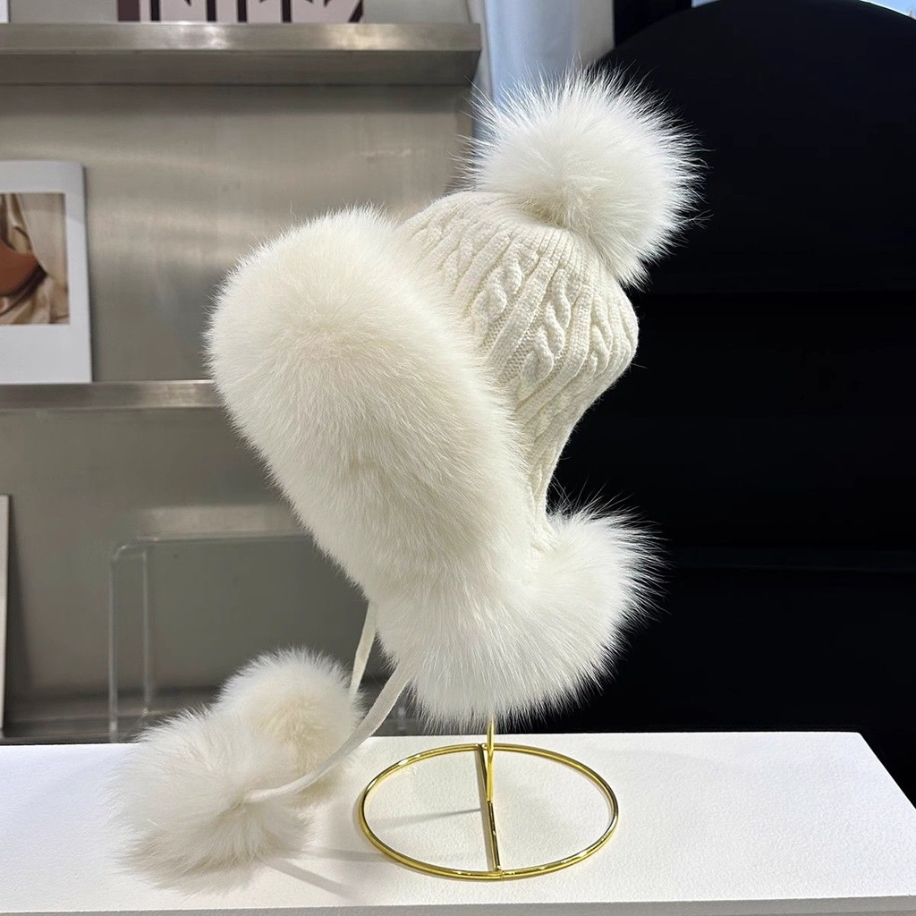 Mũ Len Lông Cáo Màu Trắng Bảo Vệ Tai Dễ Thương Thời Trang Thu Đông