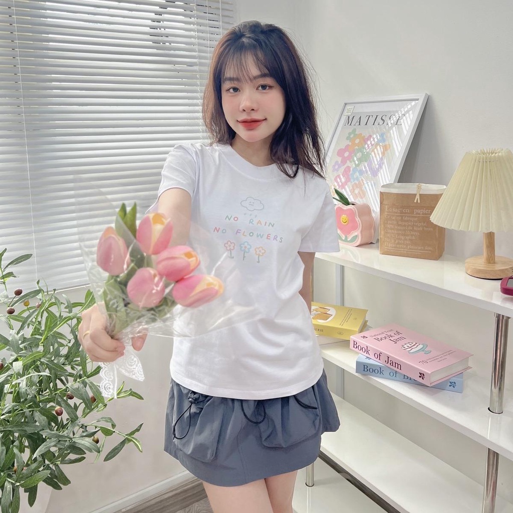 Áo baby tee No Rain No Flowers dễ thương áo thun nữ form vừa cotton 2c