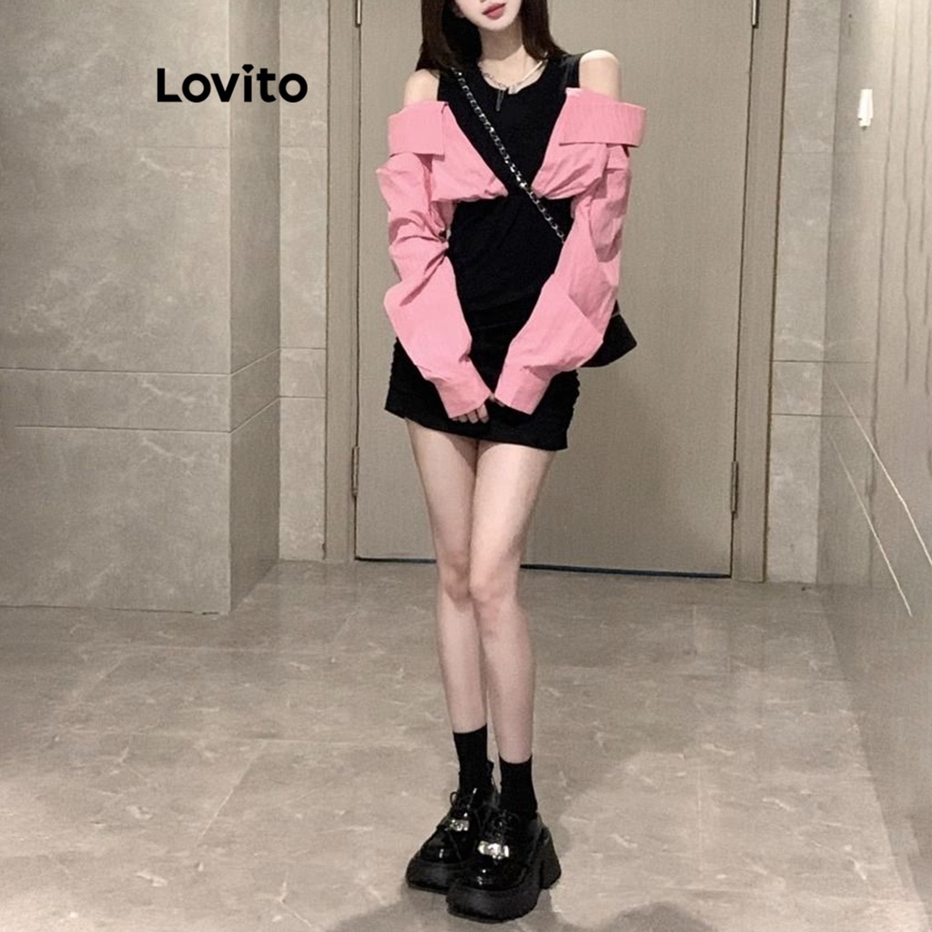 Lovito Đầm ôm sát 2in1 trơn đơn giản dành cho nữ LNA21029