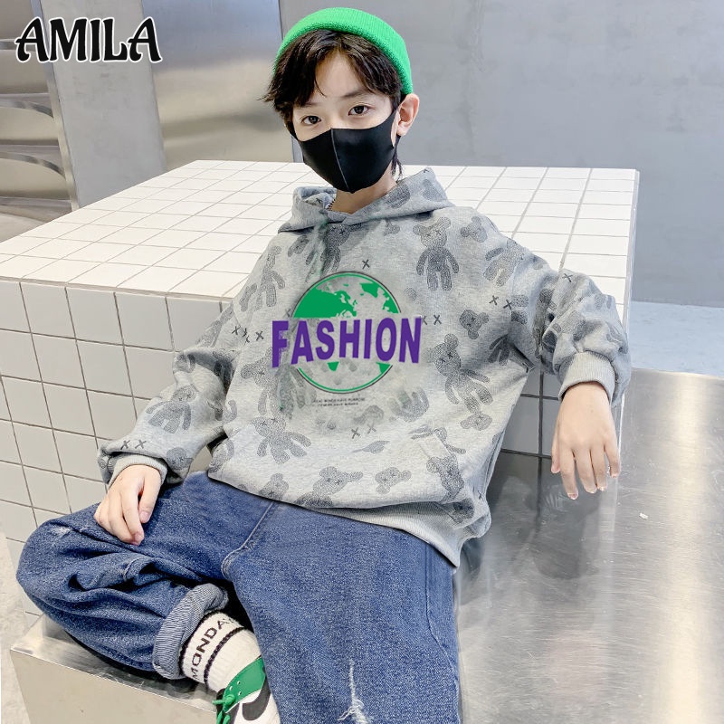 AMILA Áo Thun Sweater Chui Đầu Tay Dài Dáng Rộng Hình Gấu cuhk Thời Trang Mùa Thu Cho Bé Trai