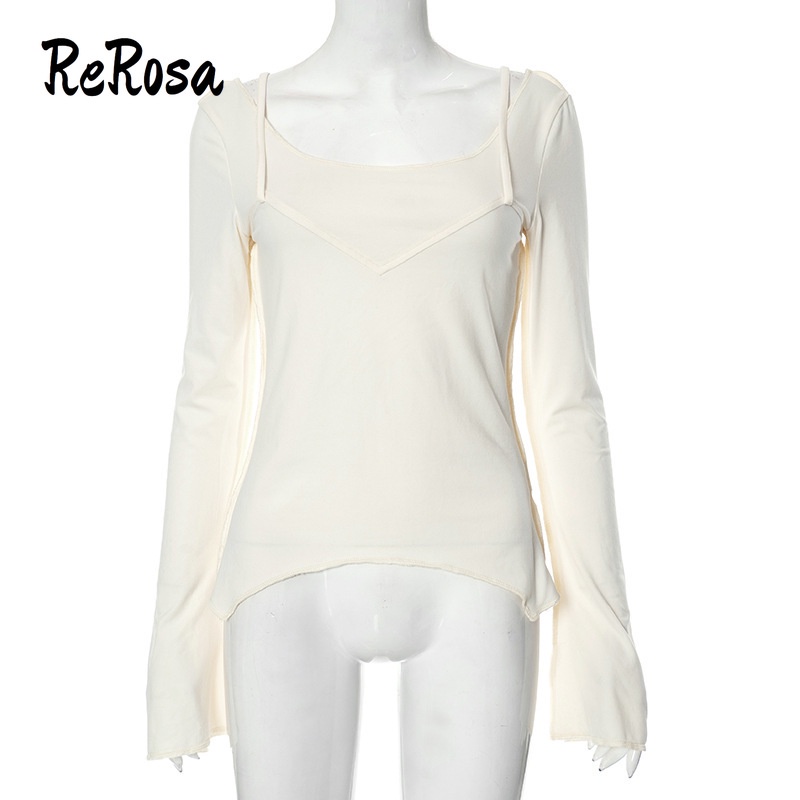 Rerosa Áo Thun Tay Dài Cổ Chữ v Màu Trơn Dáng Ôm Thời Trang 2023 Dành Cho Bạn Nữ