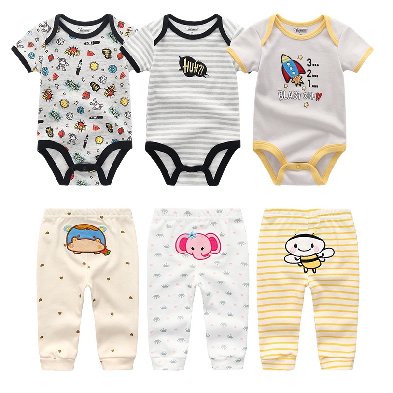 Set Đồ 3 Món Gồm Áo Liền Quần + 3 Quần Dài 100% cotton Cho Bé Sơ Sinh 0-12 Tháng