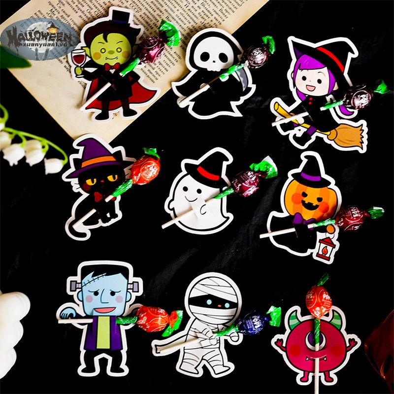 Set 50 Thẻ Hình Kẹo Mút / Bí Ngô / Đầu Lâu / Quái Vật Trang Trí Tiệc halloween vn