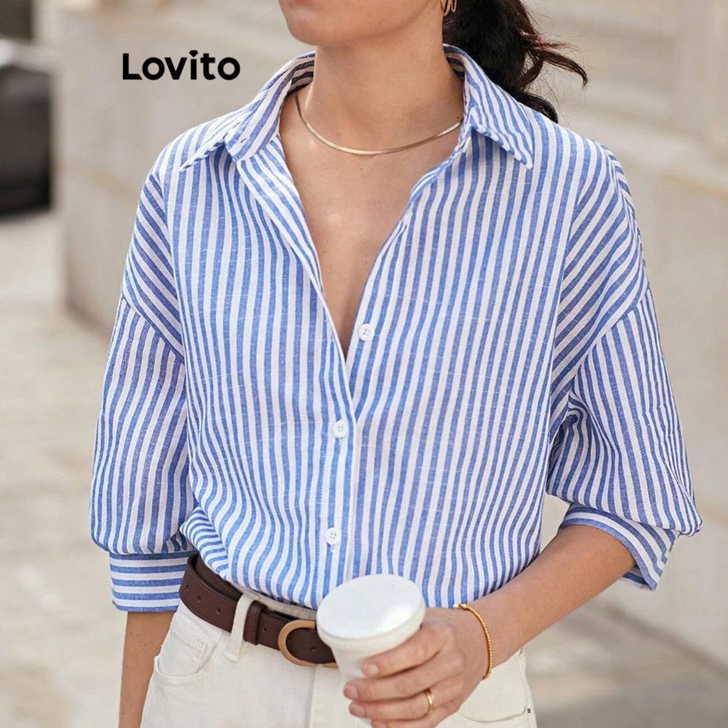 Áo Lovito từ cotton phối nút họa tiết sọc thời trang cho nữ L59ED052 (Xanh Dương Trắng)