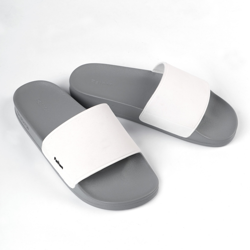 Dép nam nữ quai ngang slipper Pathon PVC và đế PU xám quai trắng Mẫu SD64