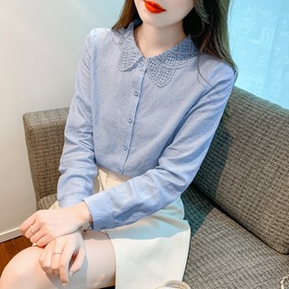 Real Shot Thu Đông 2024 Phong Cách Mới Cotton Nguyên Chất Áo Sơ Mi Dài Tay Nữ Tính Khí Phù Hợp Với Thời Trang Khâu Ren Cổ Áo KUPE