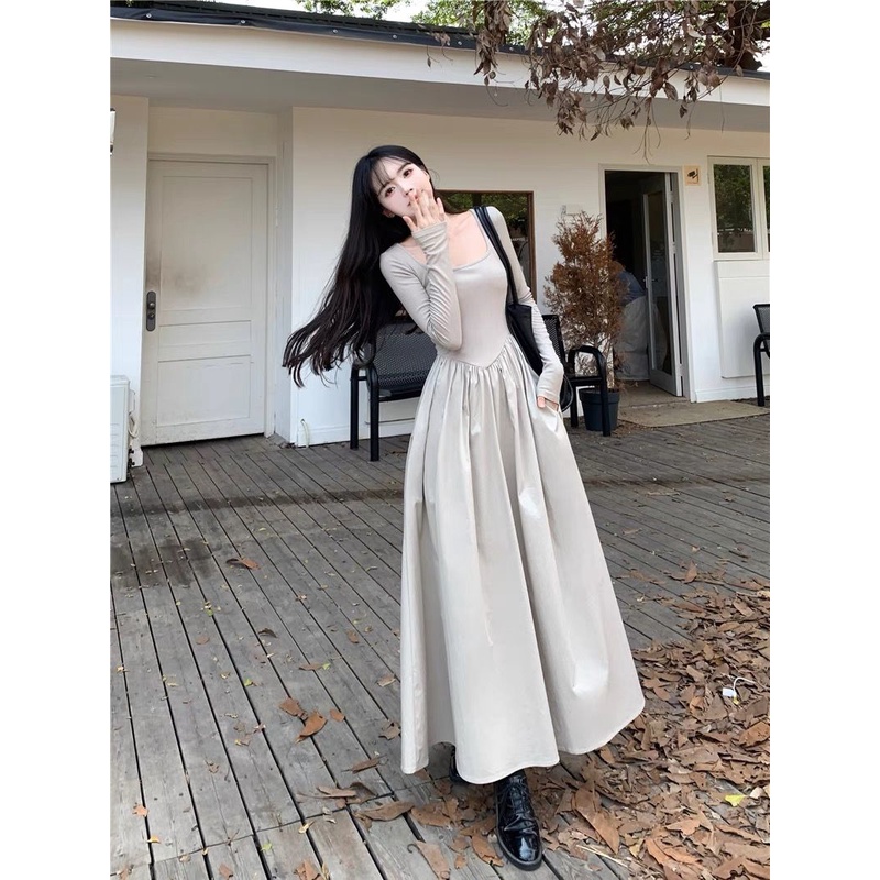 Đầm Xòe Chữ a Tay Dài Cổ Vuông Eo Cao Có Túi Phong Cách Pháp