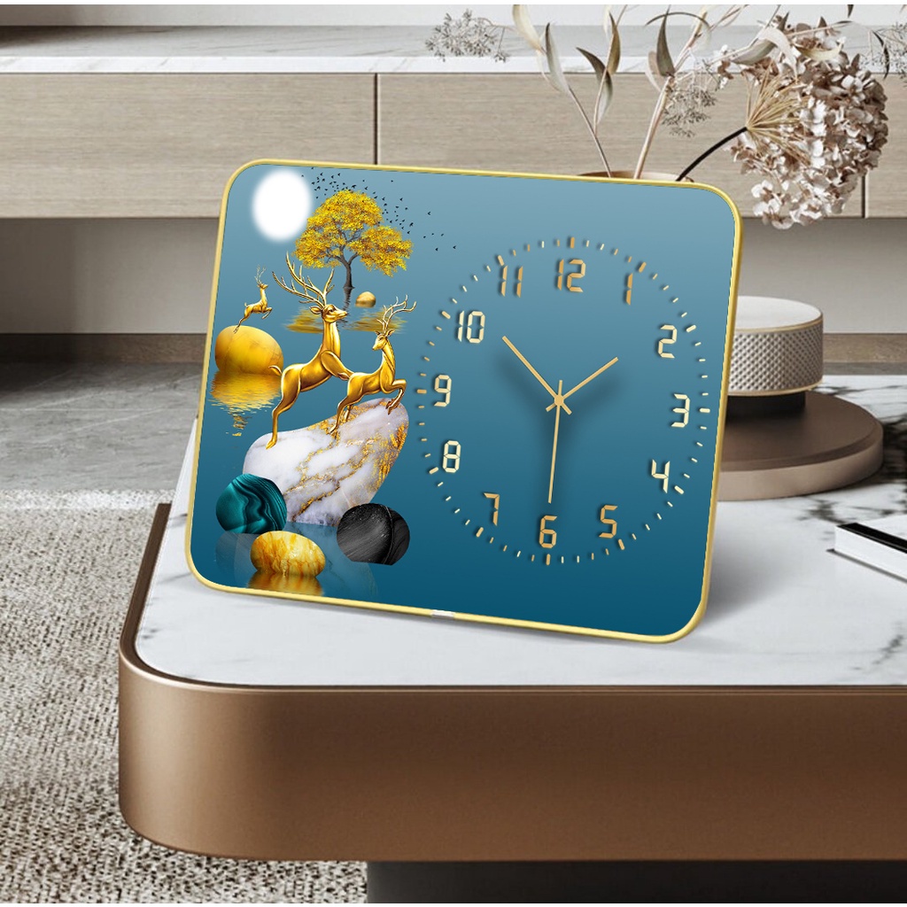 Đồng hồ để bàn tráng gương cao cấp GM9112213 - kim trôi không tiếng ồn  - Mẫu hươu tài lộc