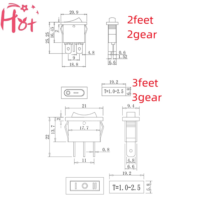Jr Set 5 Công Tắc Bật / Tắt 2 pin kcd1-110 9.5x21mm