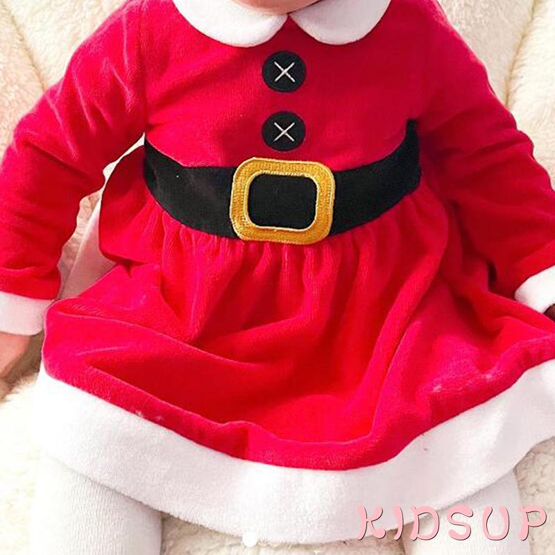 Đầm Tay Dài Cổ Búp Bê Màu Đỏ Phong Cách Giáng Sinh Dễ Thương Cho Bé Gái 1 Tuổi