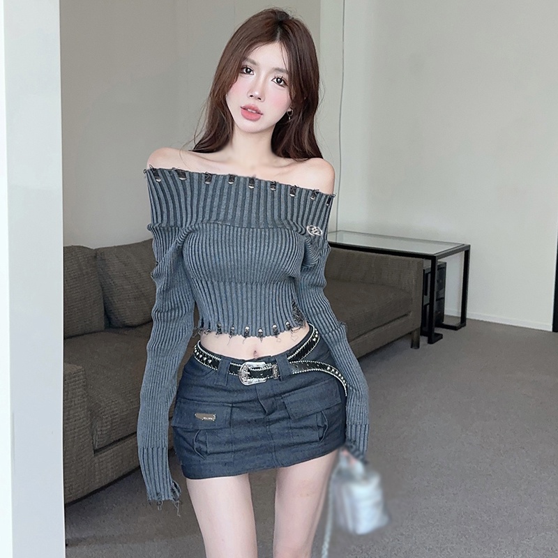 Áo sweater Dệt Kim Tay Dài Thiết Kế Trễ Vai Quyến Rũ