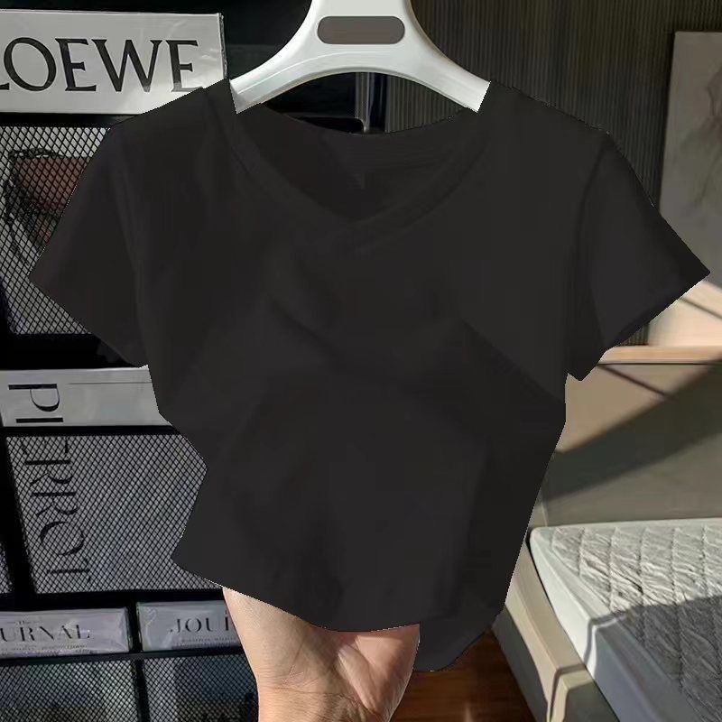 Áo Thun cotton Ngắn Tay Cổ Chữ v Thiết Kế Mới Mùa Hè Cho Nữ