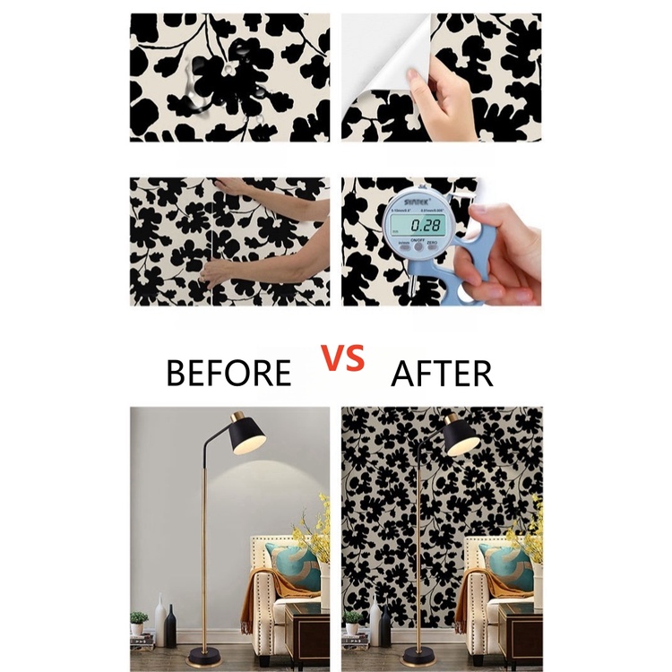 Giấy Dán Tường Họa Tiết Hoa Lá Trắng / Đen Trang Trí Nội Thất