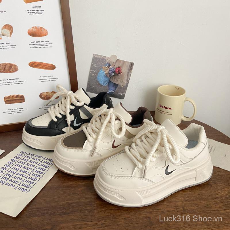 Giày Thể Thao Da Đế Dày Màu Trắng Sữa Thời Trang Mùa Thu Hàn Quốc 2023