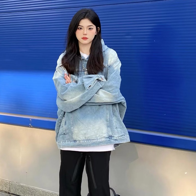 YOUTANG Áo Hoodie denim Tay Dài Màu Xanh Dương Phong Cách retro Mỹ Thiết Kế unisex Cho Cặp Đôi