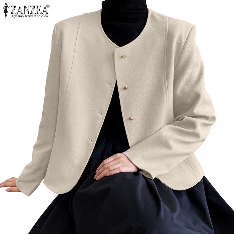 Zanzea Áo Khoác blazer Nữ Tay Dài Cổ Tròn Phong Cách Hàn Quốc