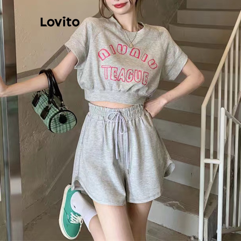Lovito Bộ quần short túi thư thông thường dành cho nữ LNE24023 (Xám)