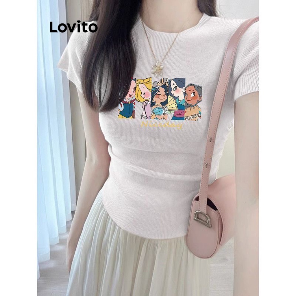 Áo thun Lovito họa tiết hoạt hình đơn giản thường ngày cho nữ LNE21289 (màu trắng/ đen)