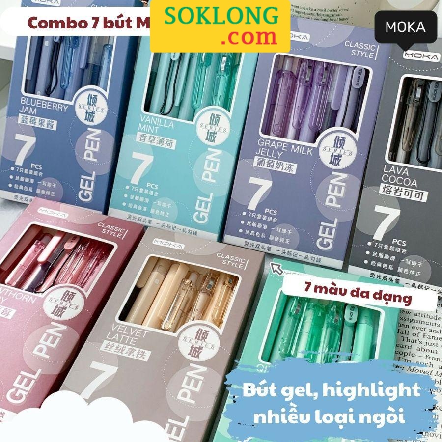 Set 7 bút thiết kế đa dạng, combo Moka B98 full loại ngòi bút gel, highlight đánh dấu