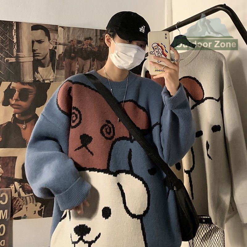 Áo sweater Đen Tay Dài Dáng Rộng In Hình Gấu Thời Trang Thu Đông Cho Nam