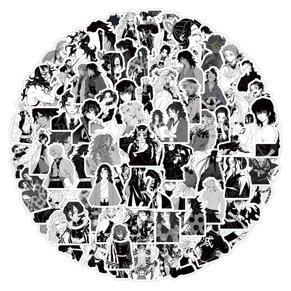 Set 100 Miếng Dán Trang Trí Điện Thoại / laptop / Vali / Mũ Bảo Hiểm Hình anime demon slayer Màu Trắng Đen
