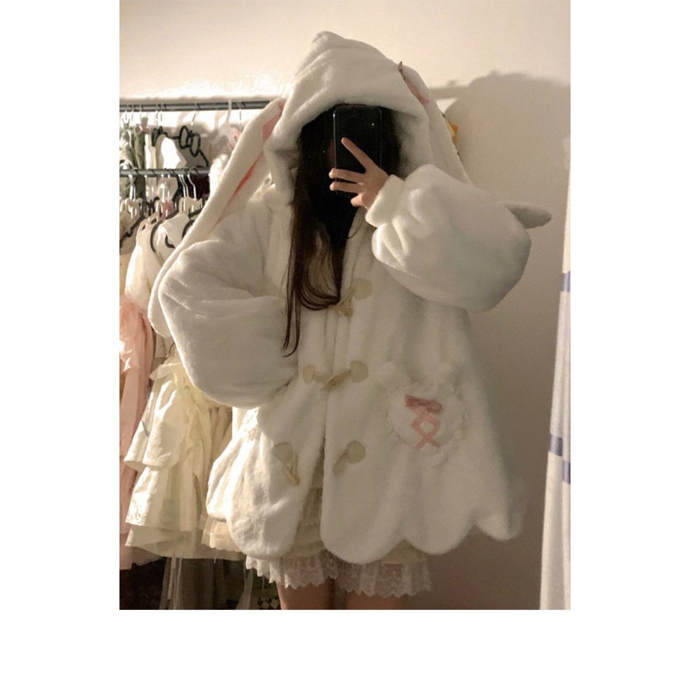 Áo Khoác Lông Cừu Dày Dặn Hình Tai Thỏ Dễ Thương Thời Trang Mùa Đông Cho Nữ